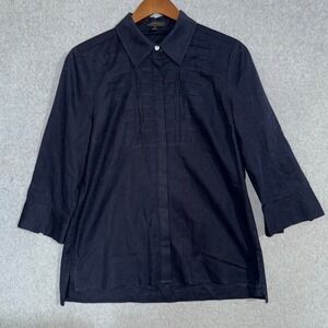 Carlisle Collection Navy Blue Pintuck 3/4 Sleeve Button Up Blouse Womens Size 8